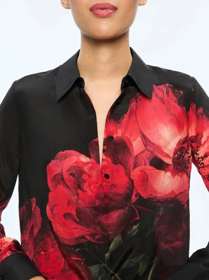 Alice   Olivia Brady Slim Button Down Peony Petals Bright Ruby