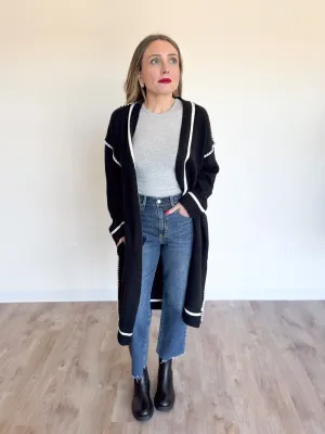 Aubriella Constrast Stitch Long Cardigan in Black