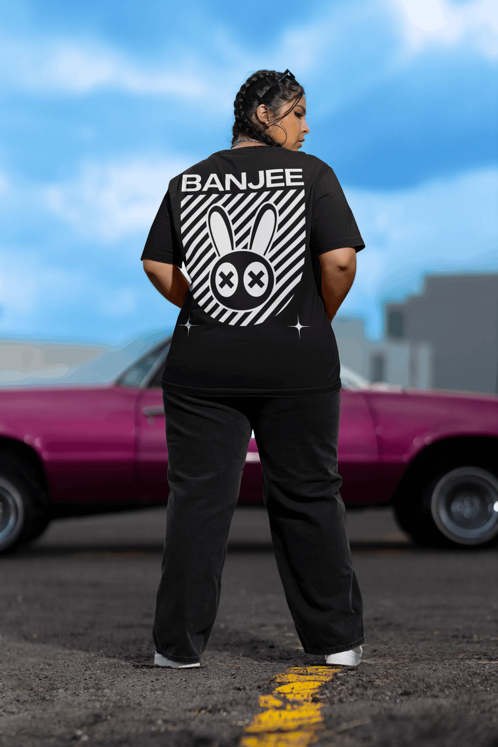 Banjee T-shirt Mad Rabbit Style Hip Hop Street Swagger on back of Black Oversize Deep Drop Shoulder Tee