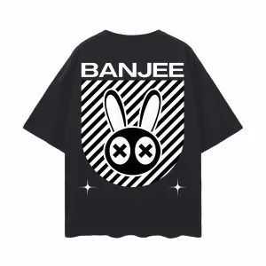 Banjee T-shirt Mad Rabbit Style Hip Hop Street Swagger on back of Black Oversize Deep Drop Shoulder Tee