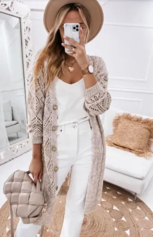 Beige Hollow-out Openwork Knit Cardigan