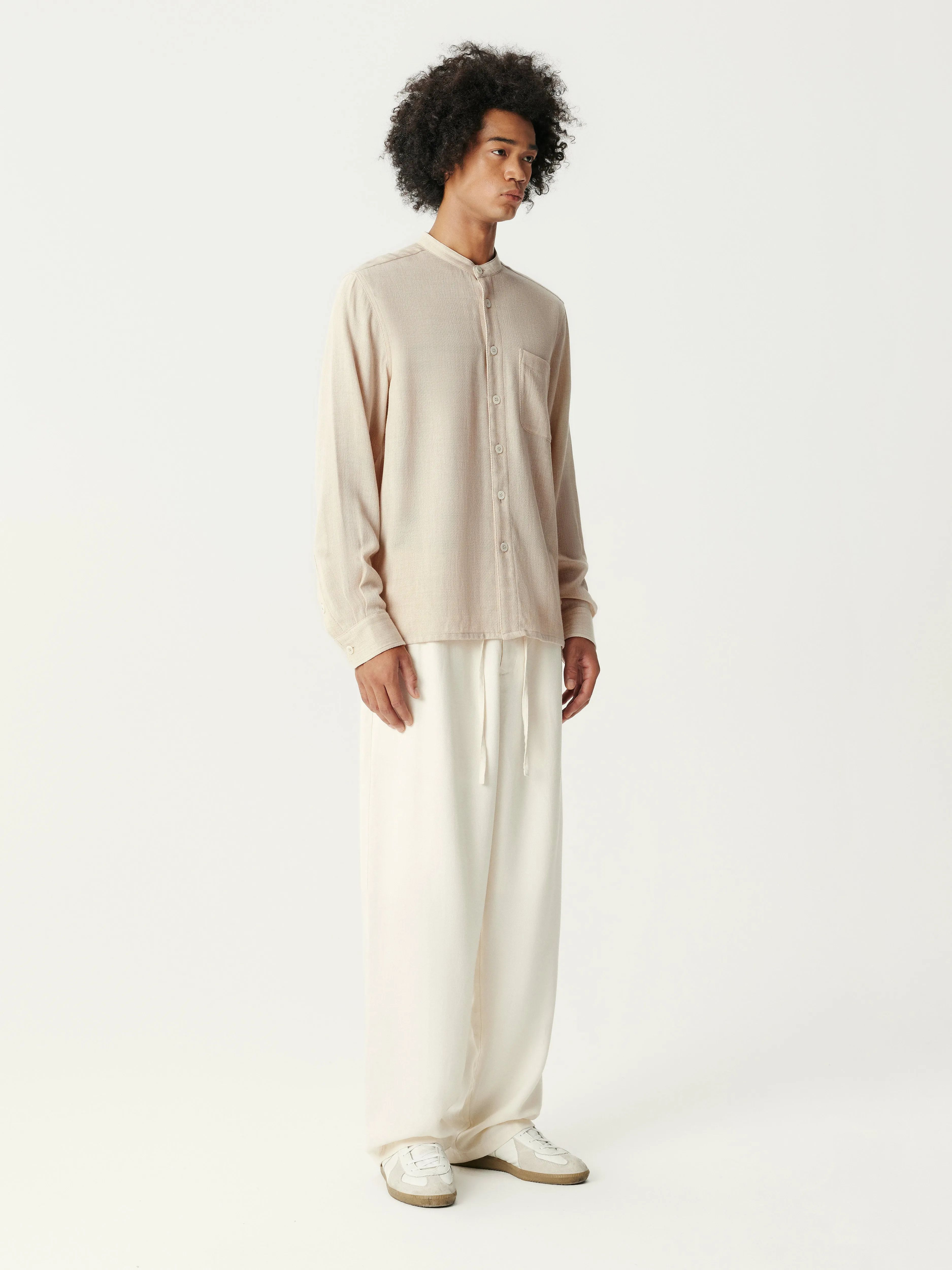 Beige Tencel Wool Band-collar Shirt