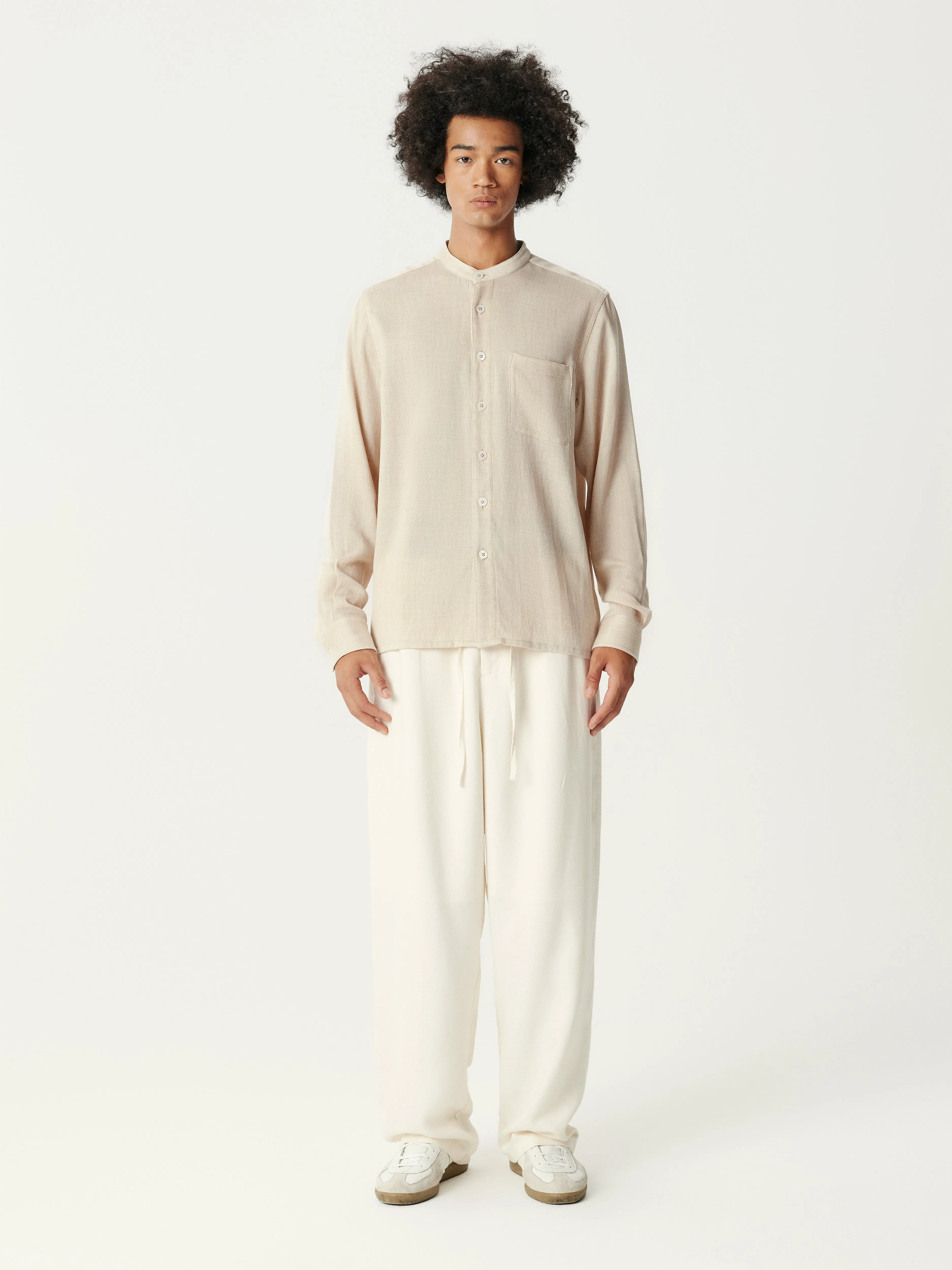 Beige Tencel Wool Band-collar Shirt