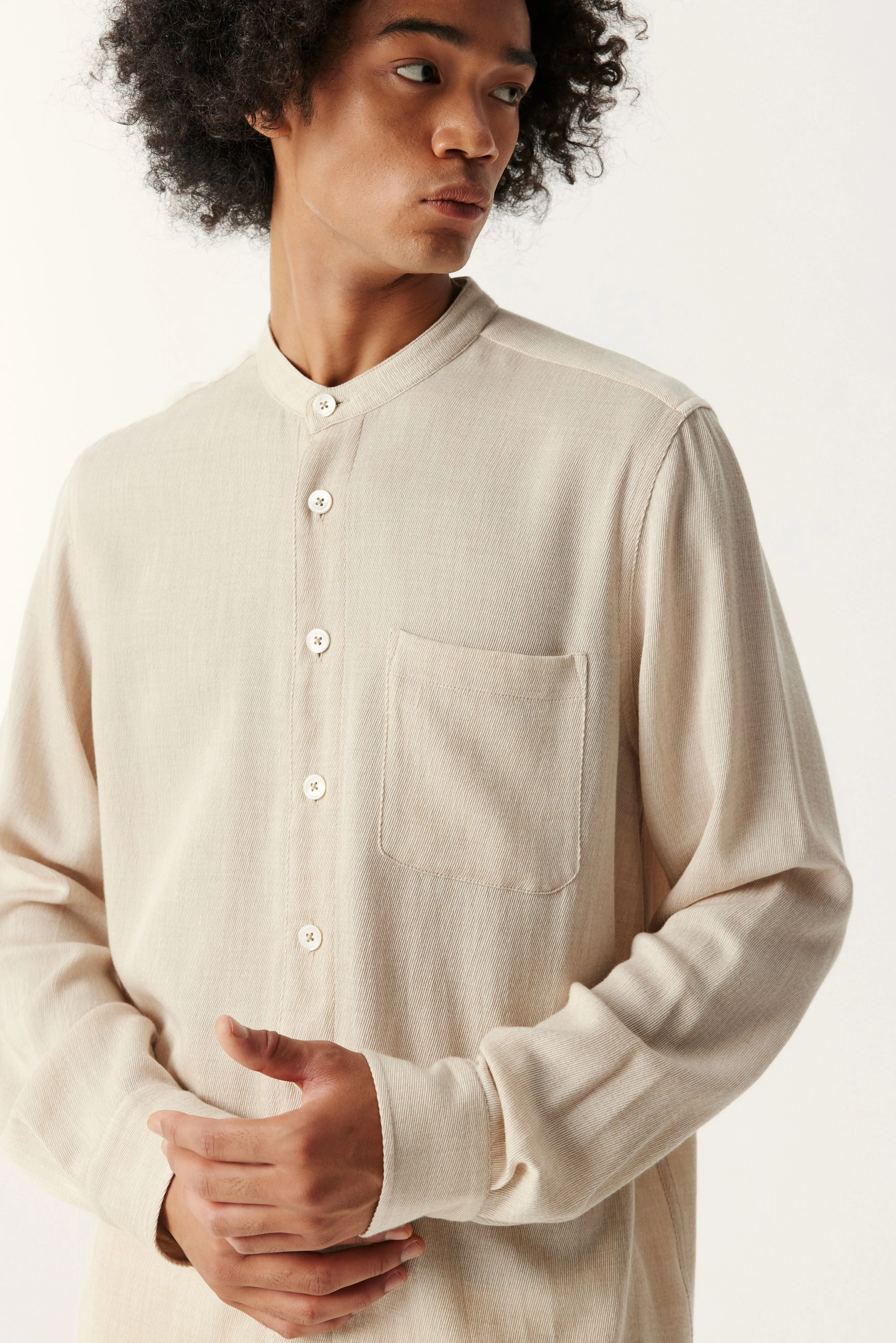 Beige Tencel Wool Band-collar Shirt