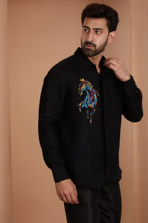 Black Pure Linen Patch Embroidered Shirt
