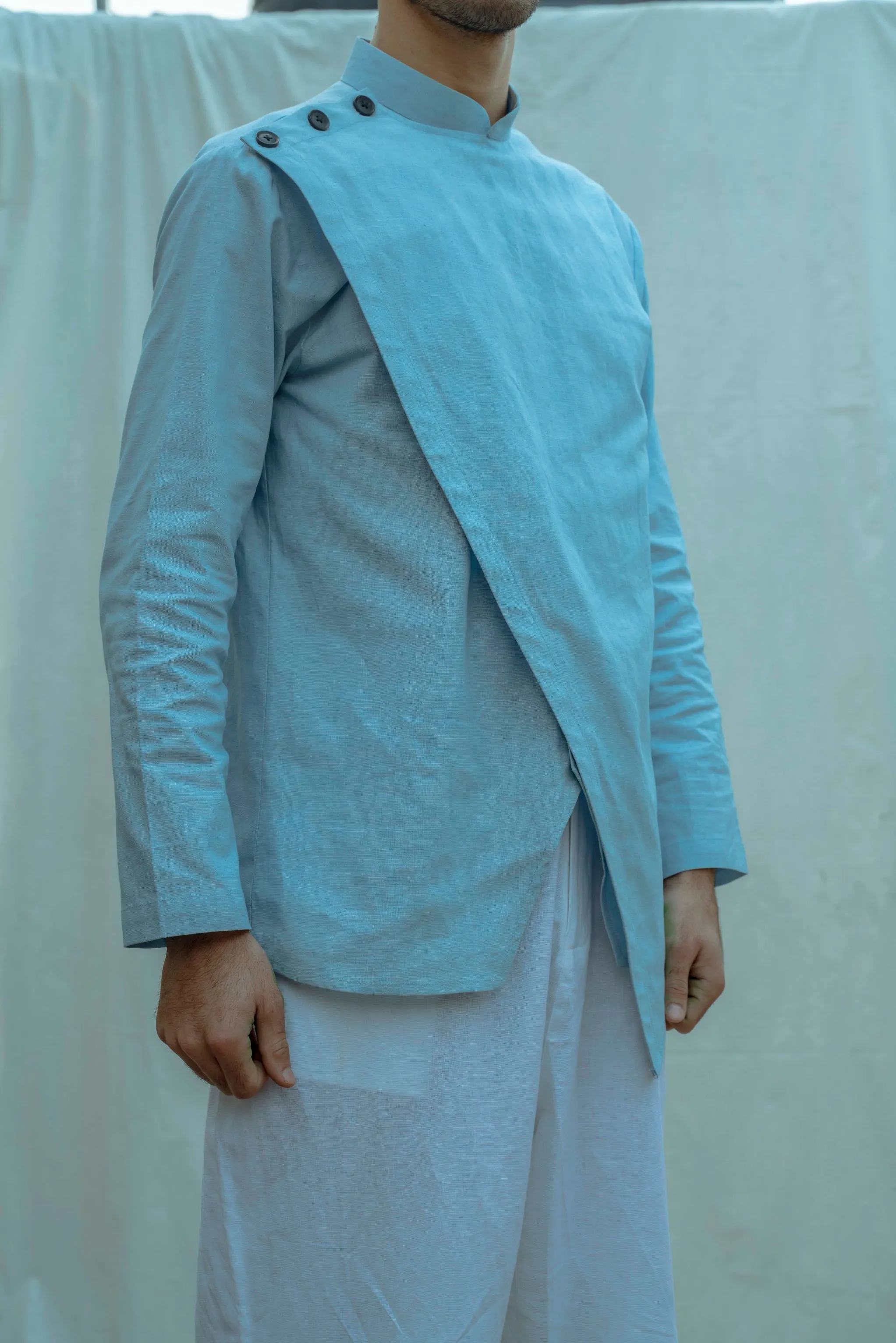 Blue Overlapped Shirt Kurta with Drop Crotch Pant Set