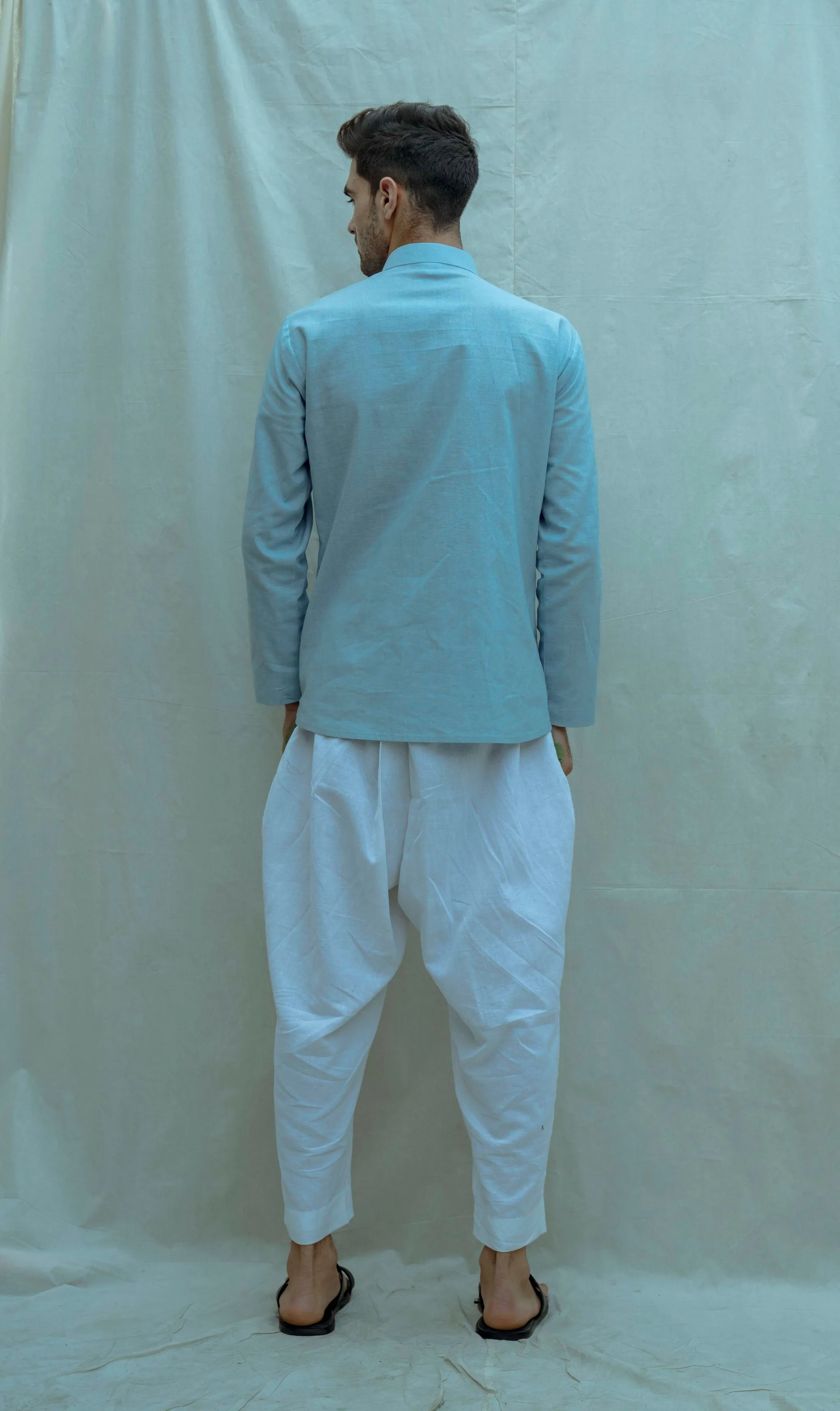 Blue Overlapped Shirt Kurta with Drop Crotch Pant Set