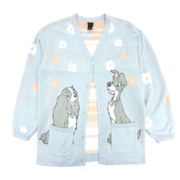 BOXLUNCH Disney Lady and the Tramp Tonal Portrait Novelty Cardigan Sweater Gray