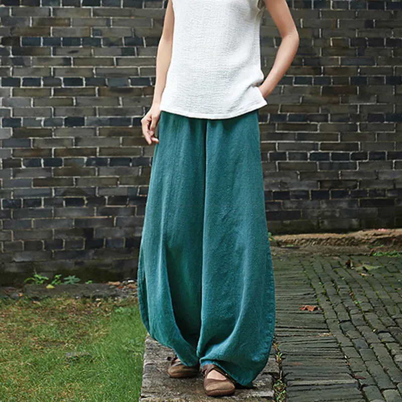 Buddha Stones Casual Plain Color Elastic Waistband Fleece Lined Cotton Ramie Women's Pants With Pockets