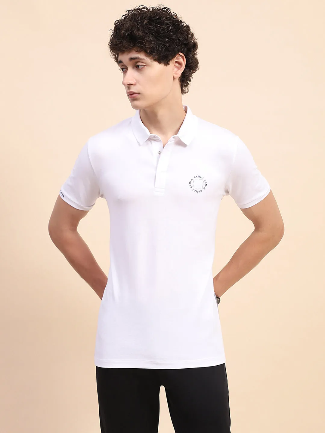Camla Barcelona Solid White Polo Neck T-Shirt