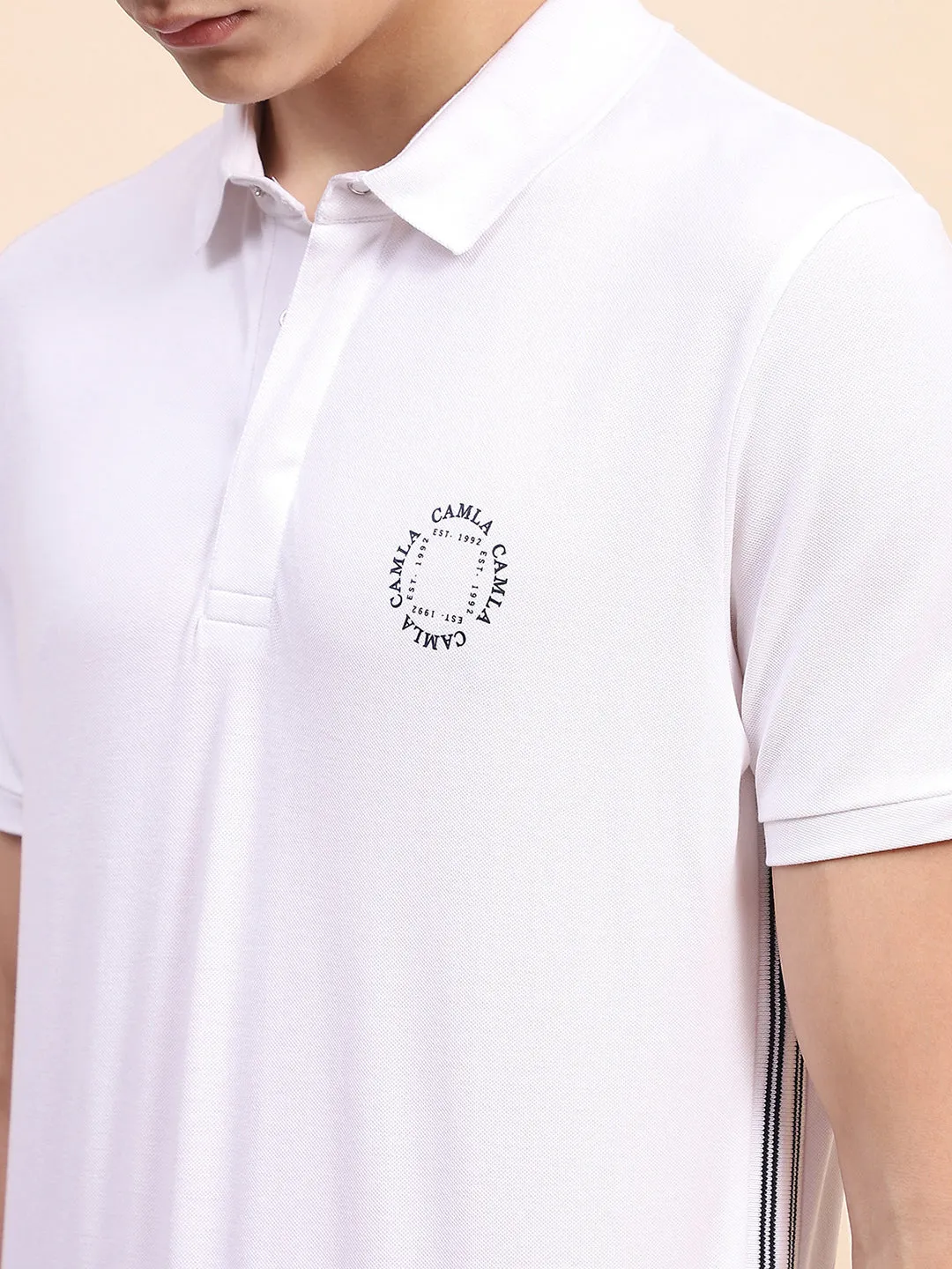 Camla Barcelona Solid White Polo Neck T-Shirt