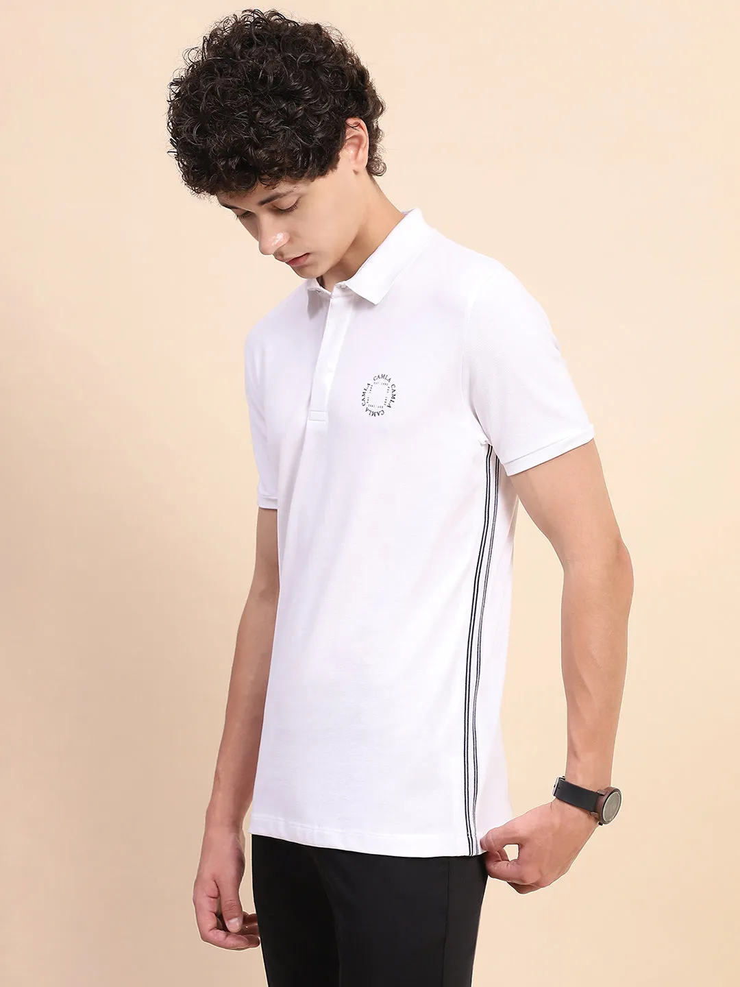 Camla Barcelona Solid White Polo Neck T-Shirt