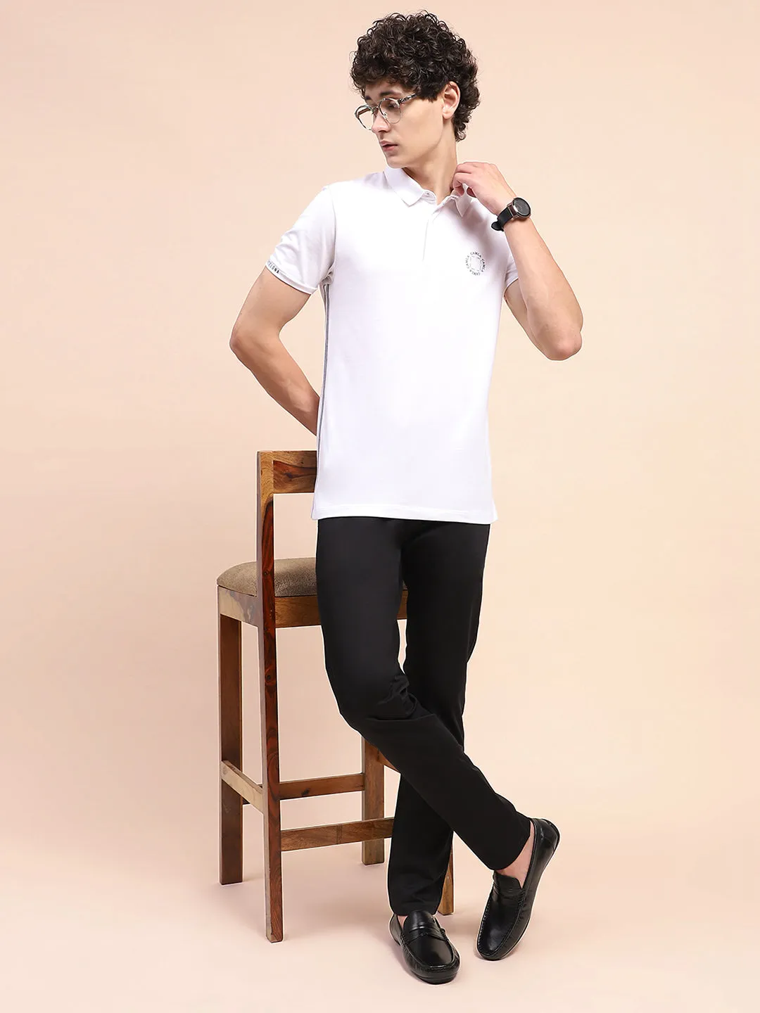 Camla Barcelona Solid White Polo Neck T-Shirt