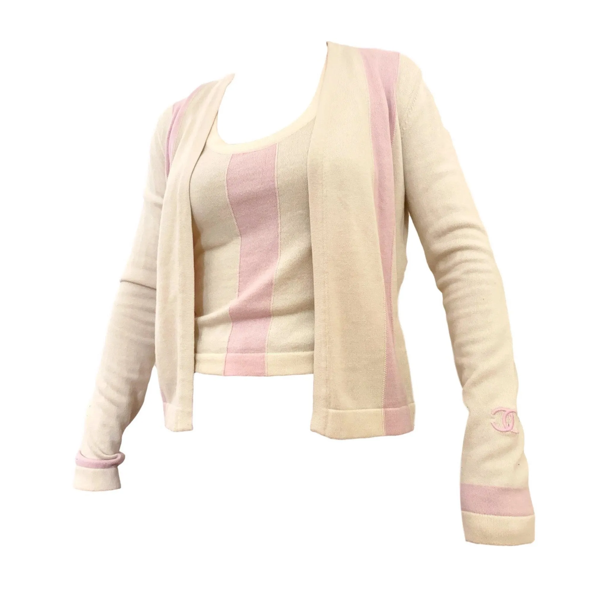 Chanel Pink Logo Stripe Cardigan Set