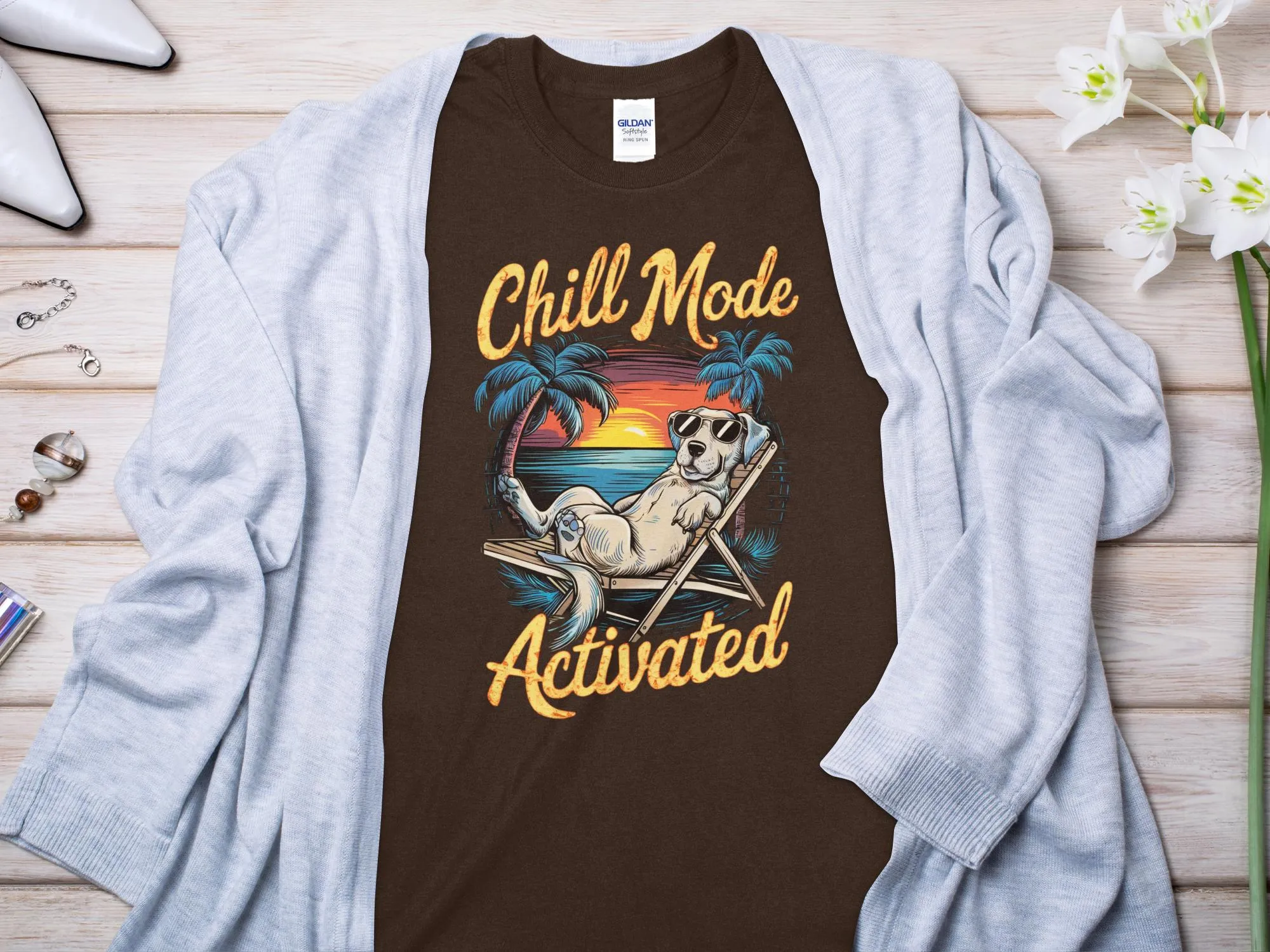 Chill Mode Activated Dog on Beach T-Shirt - Relaxed Summer Vibes Tee