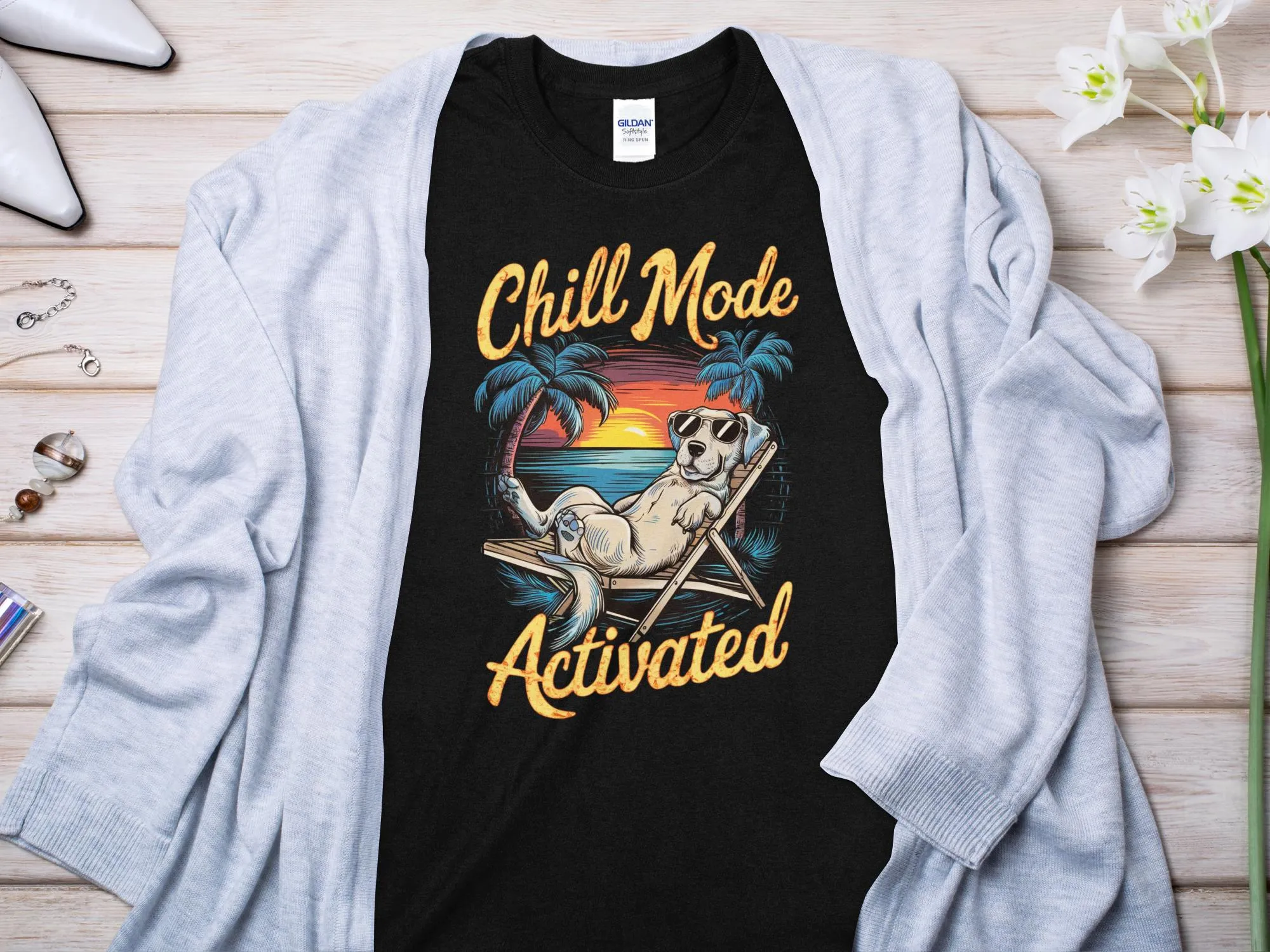 Chill Mode Activated Dog on Beach T-Shirt - Relaxed Summer Vibes Tee