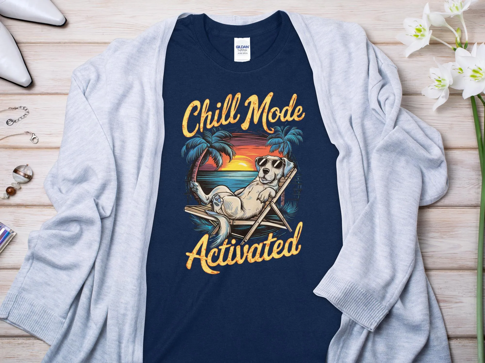 Chill Mode Activated Dog on Beach T-Shirt - Relaxed Summer Vibes Tee