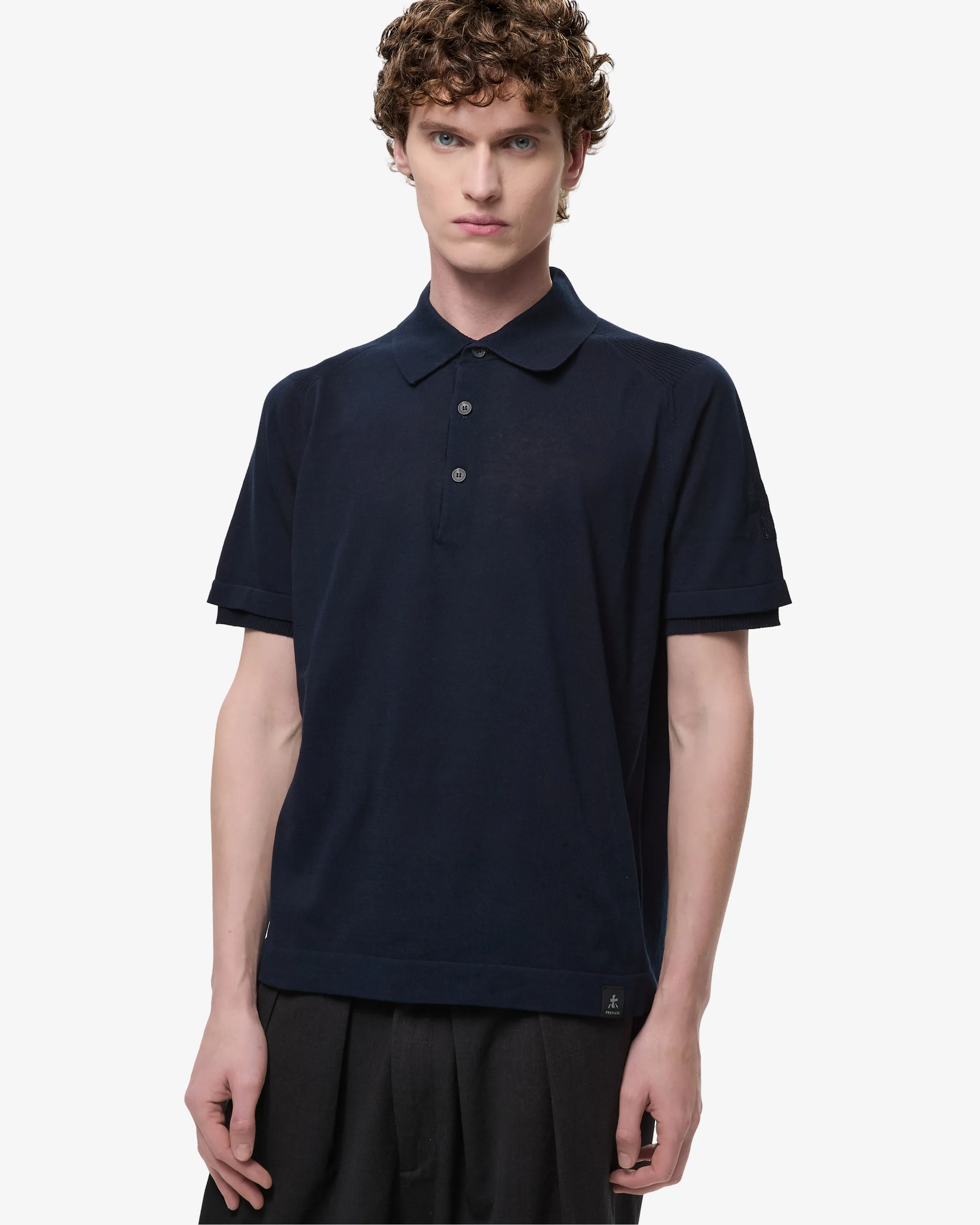 Cotton Crepe Knit with Side Slits and Blue Lineated Buttons