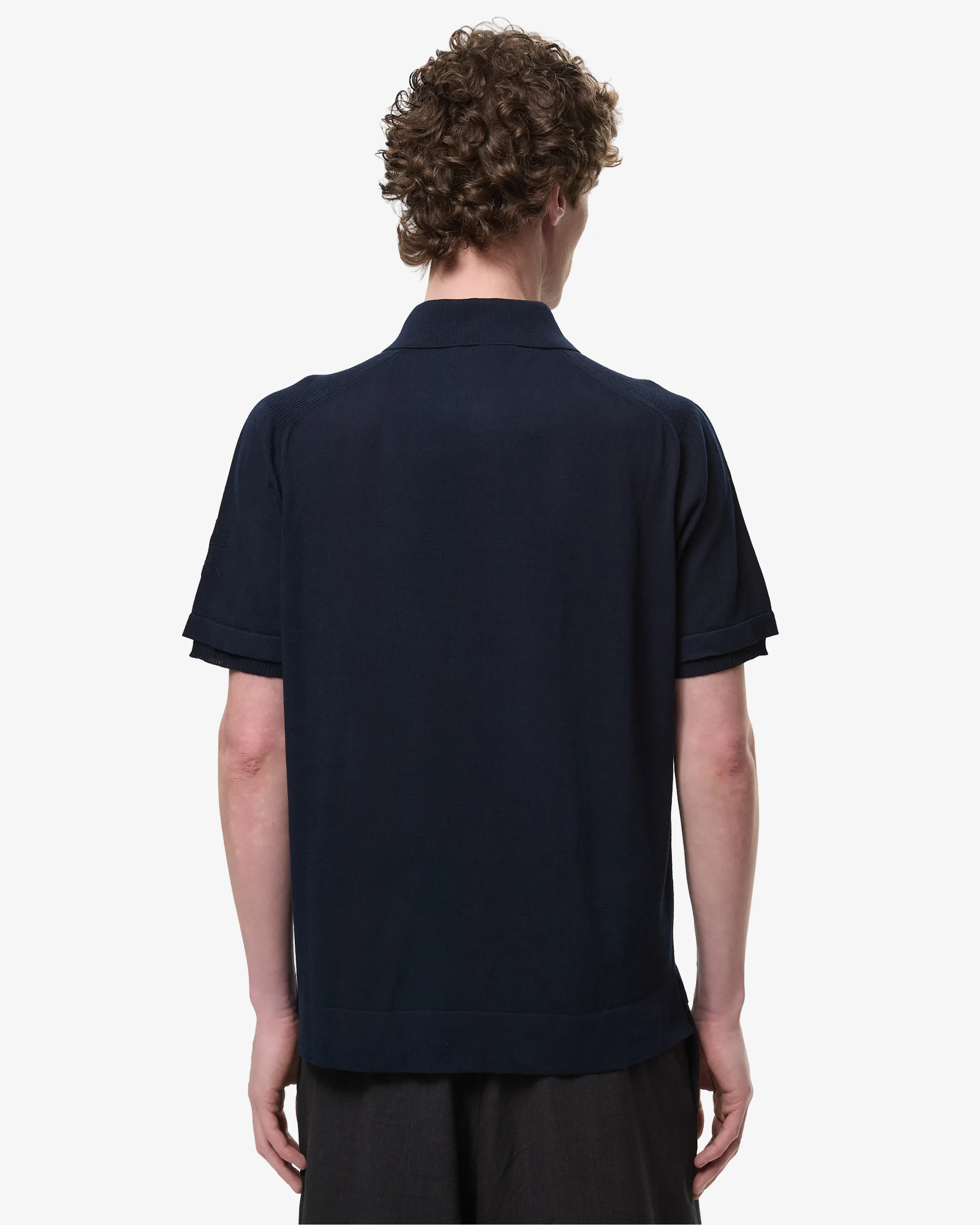 Cotton Crepe Knit with Side Slits and Blue Lineated Buttons