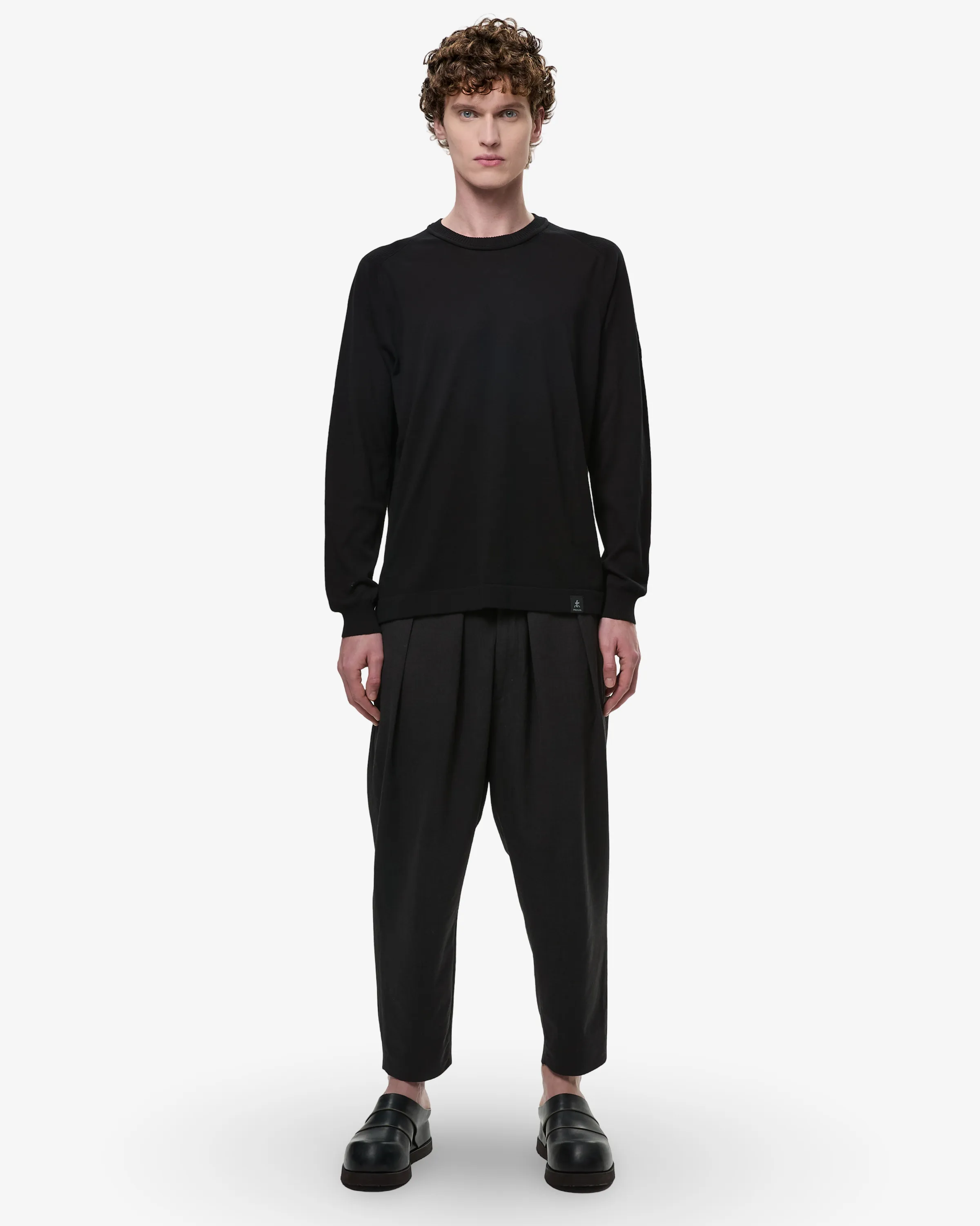 Cotton Crepe Sweater with Ribbed Neck Black