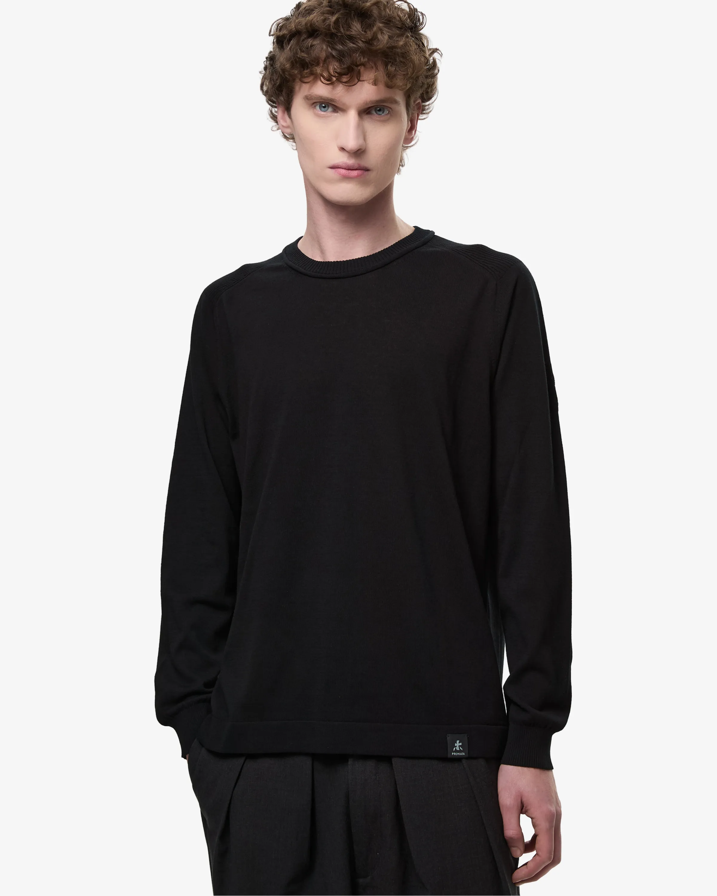 Cotton Crepe Sweater with Ribbed Neck Black