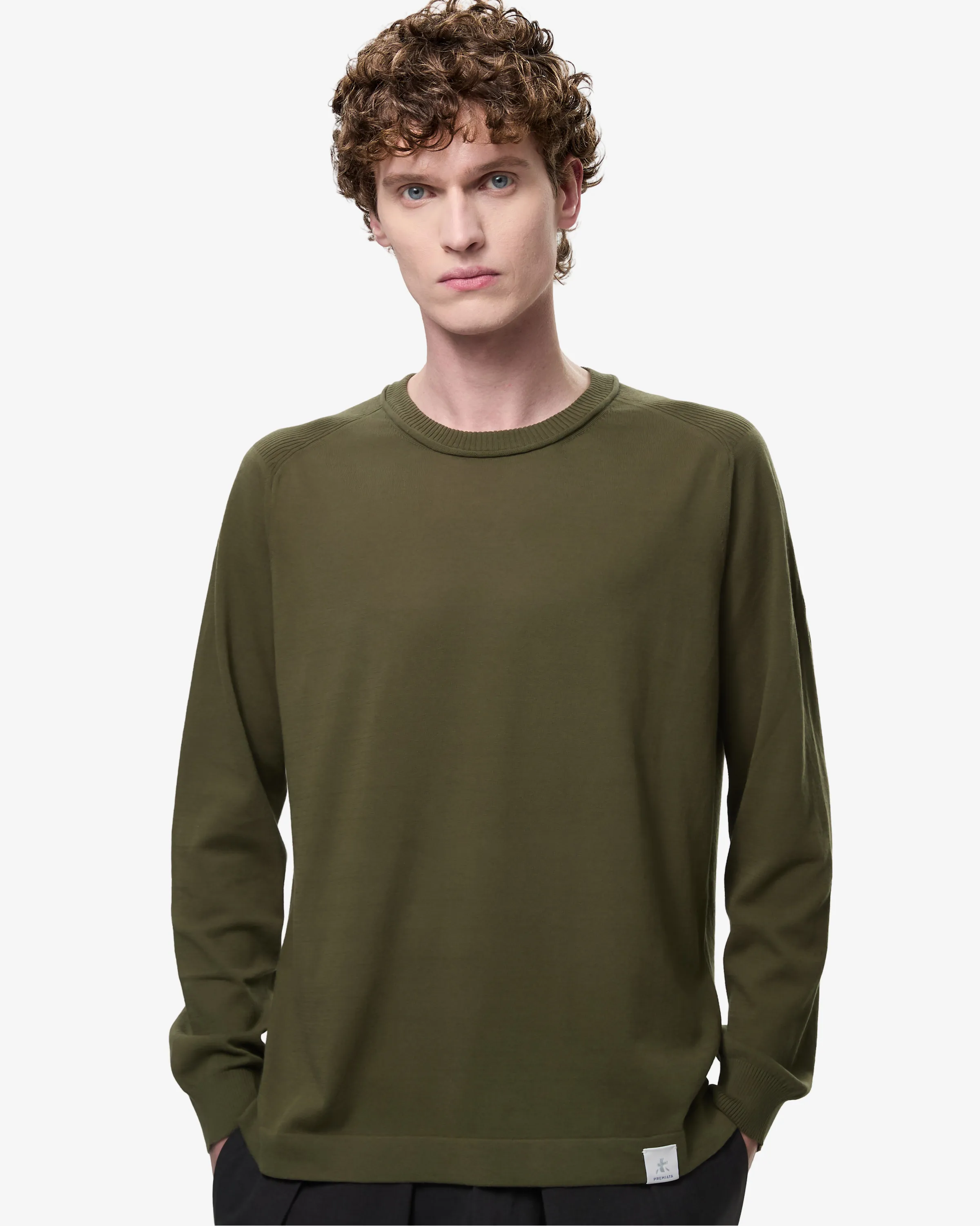 Cotton Crepe Sweater with Ribbed Neck Green