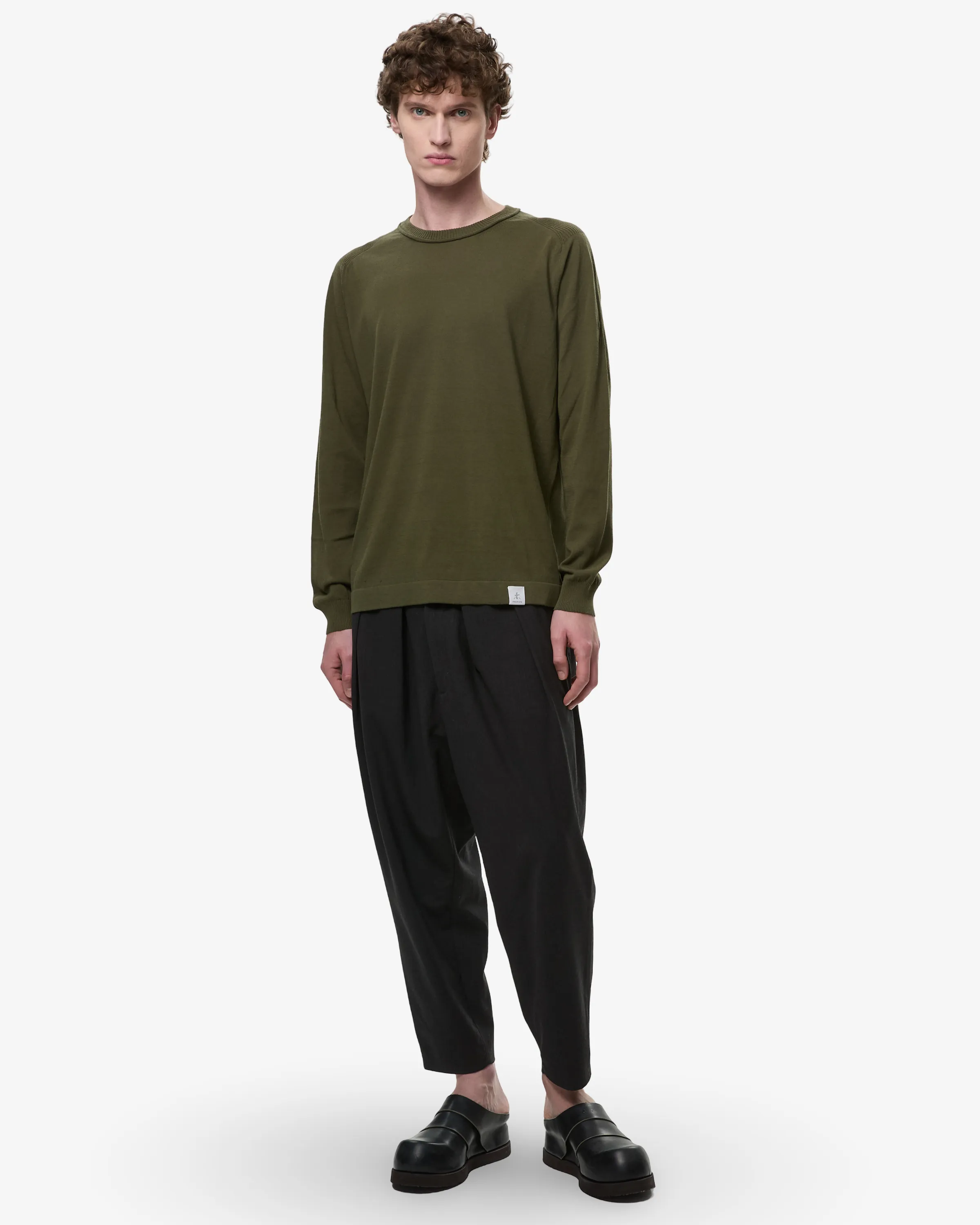 Cotton Crepe Sweater with Ribbed Neck Green