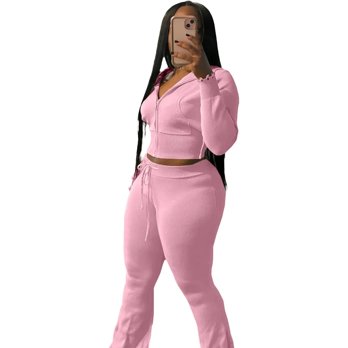 Cozy Knit Zipper Hoodie and Drawstring Pants Two-Piece Set