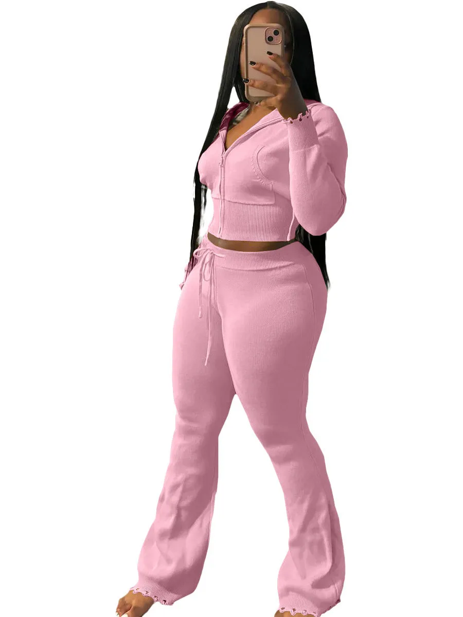 Cozy Knit Zipper Hoodie and Drawstring Pants Two-Piece Set