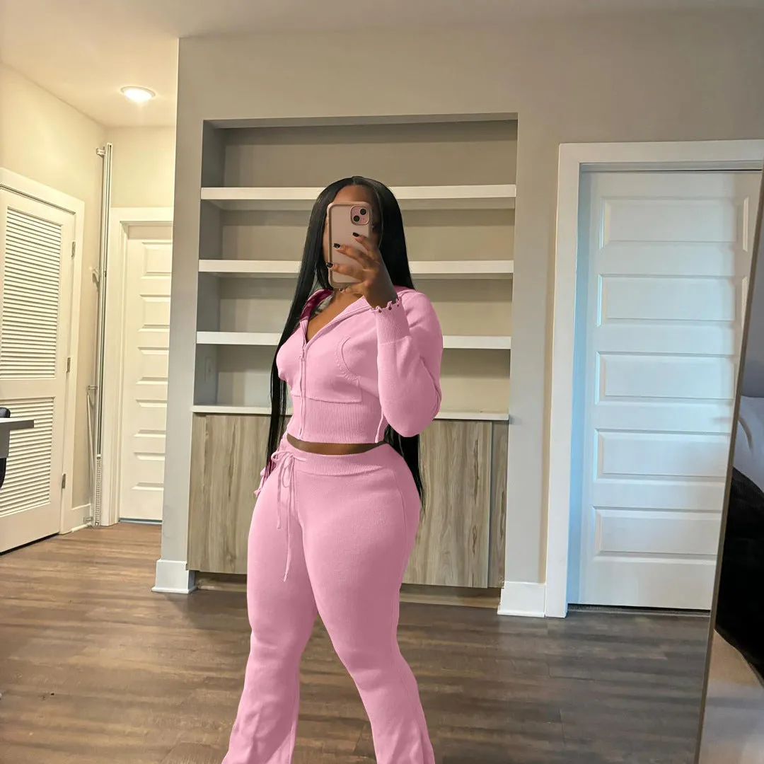 Cozy Knit Zipper Hoodie and Drawstring Pants Two-Piece Set