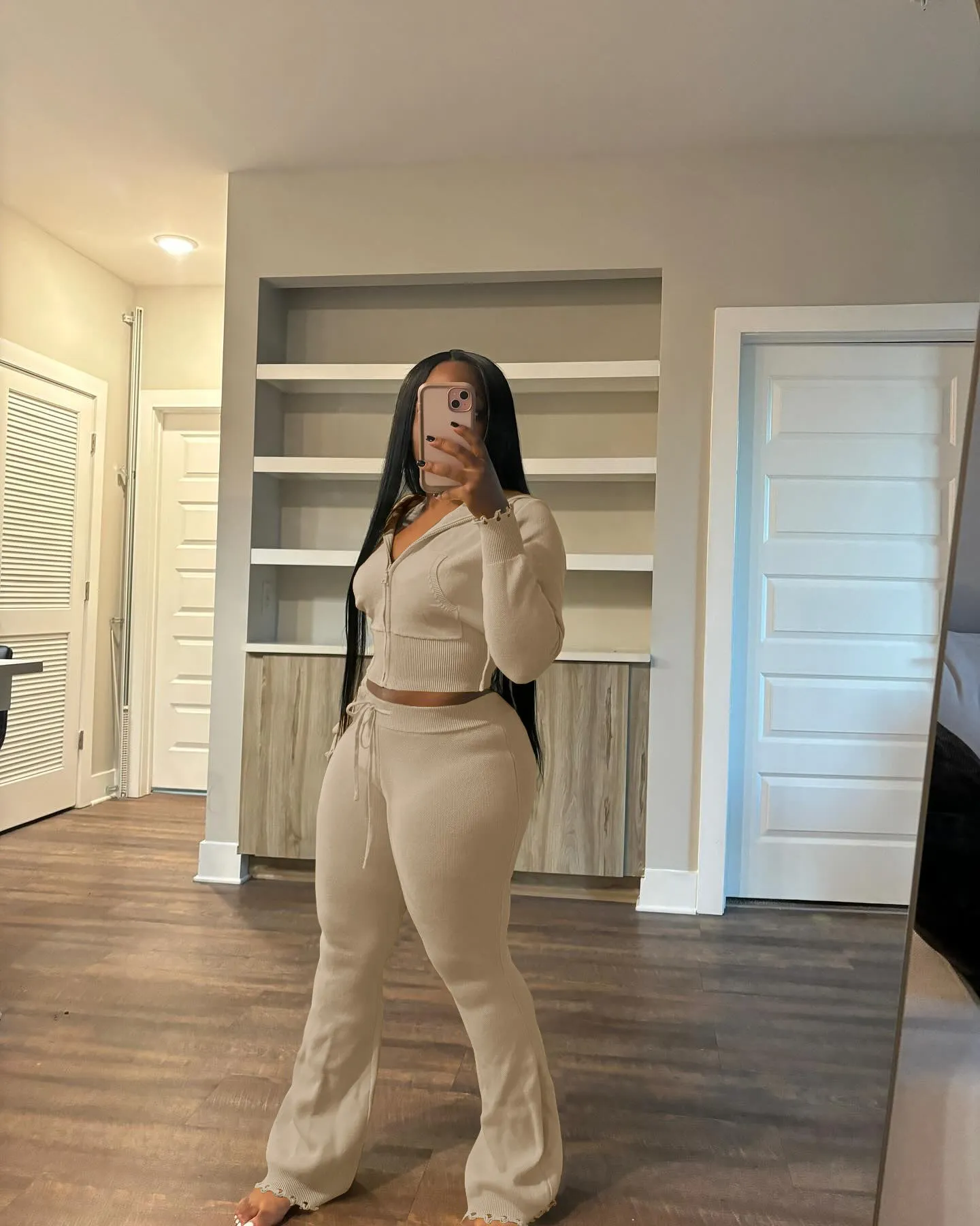 Cozy Knit Zipper Hoodie and Drawstring Pants Two-Piece Set