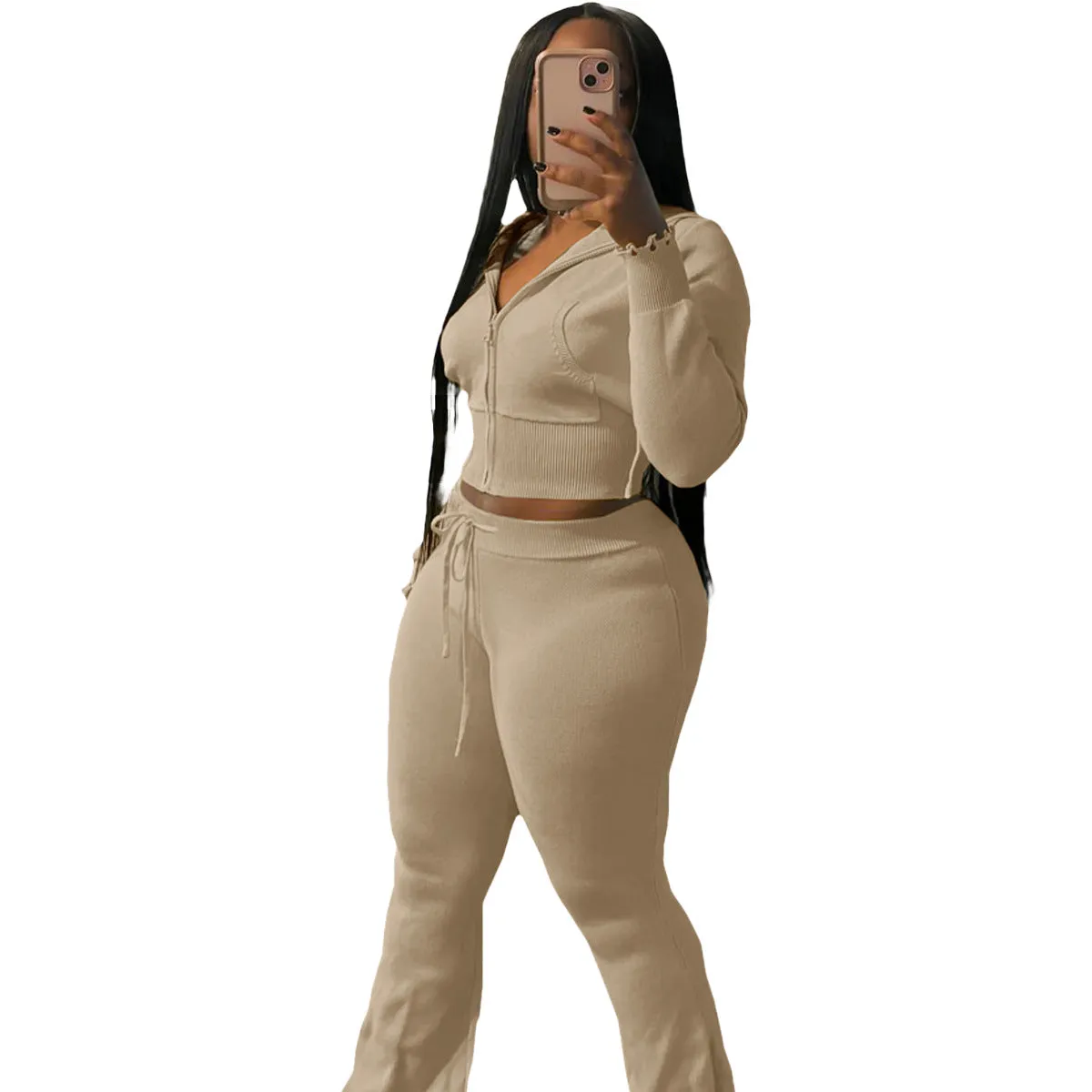 Cozy Knit Zipper Hoodie and Drawstring Pants Two-Piece Set