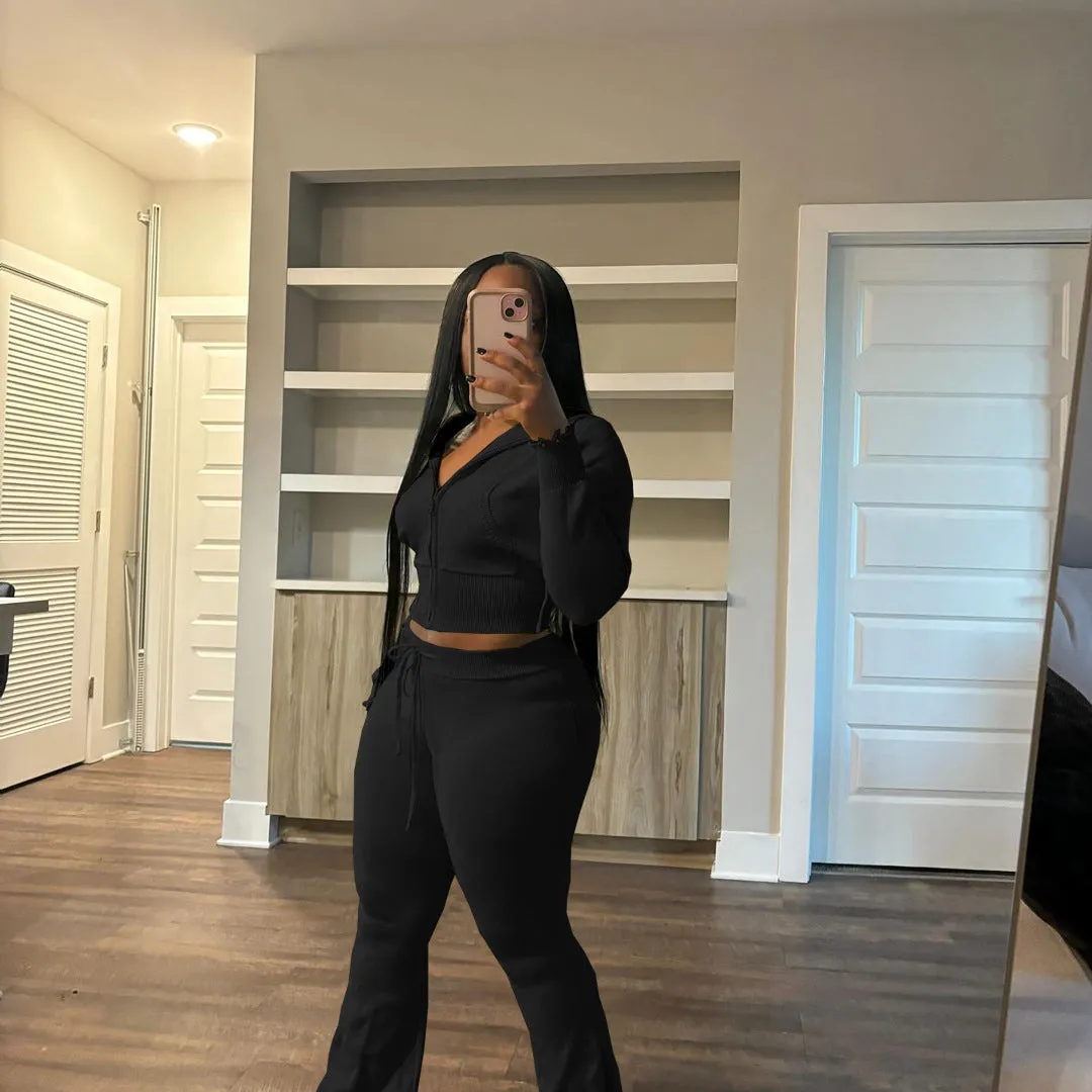 Cozy Knit Zipper Hoodie and Drawstring Pants Two-Piece Set