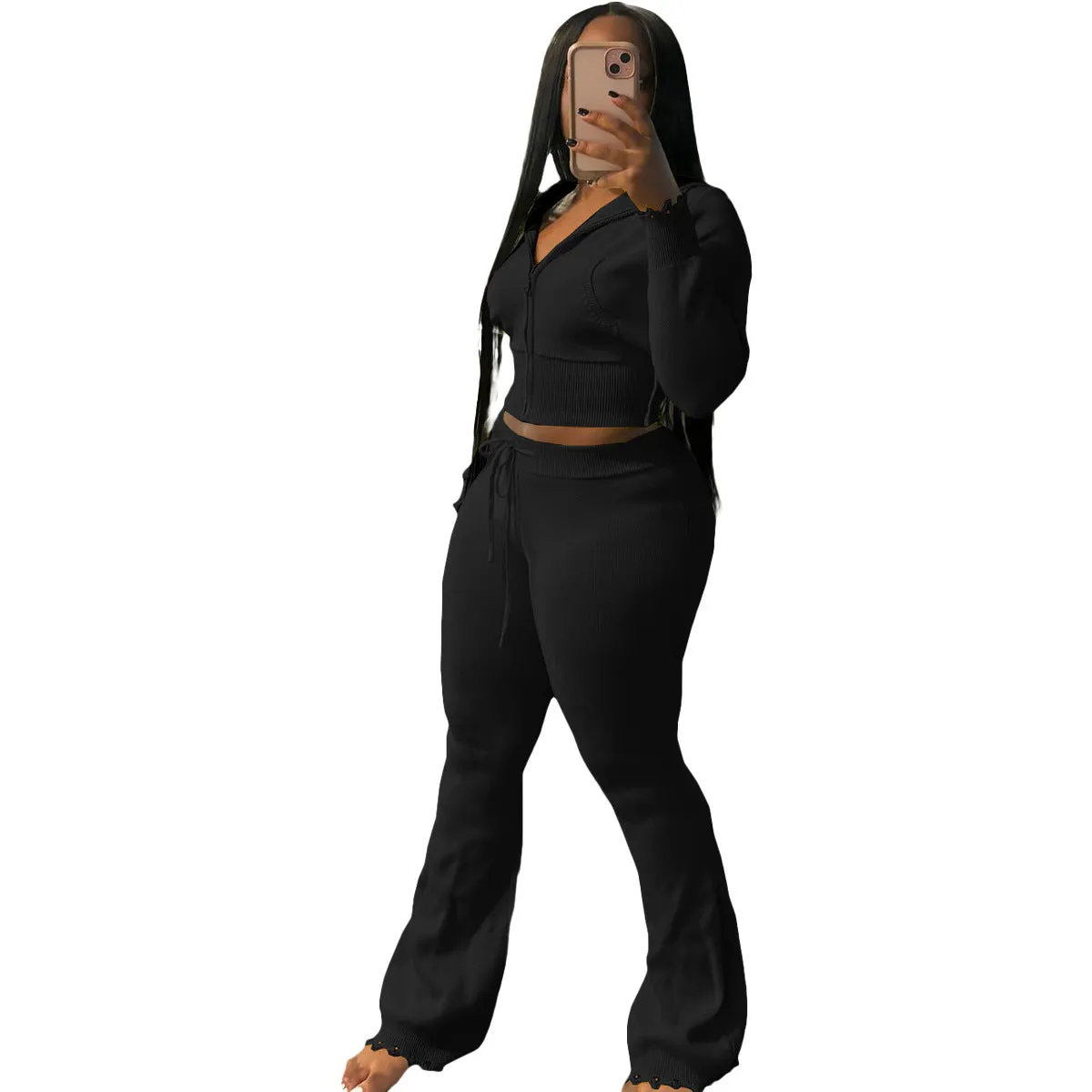 Cozy Knit Zipper Hoodie and Drawstring Pants Two-Piece Set