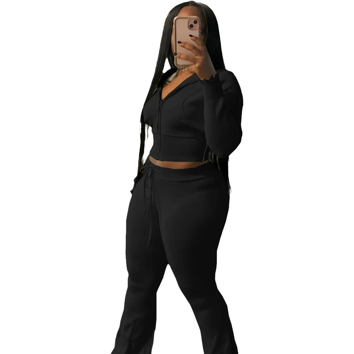 Cozy Knit Zipper Hoodie and Drawstring Pants Two-Piece Set