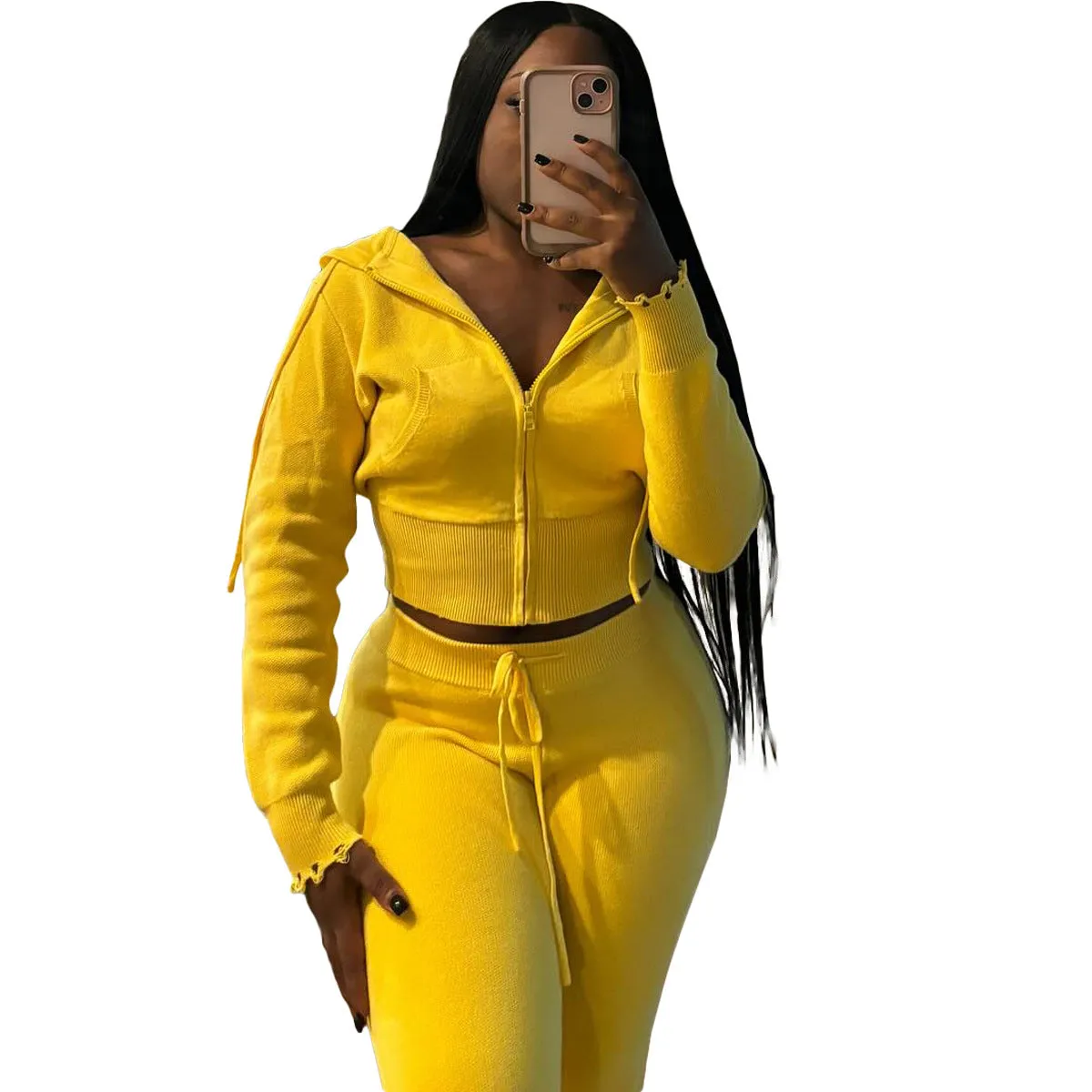 Cozy Knit Zipper Hoodie and Drawstring Pants Two-Piece Set