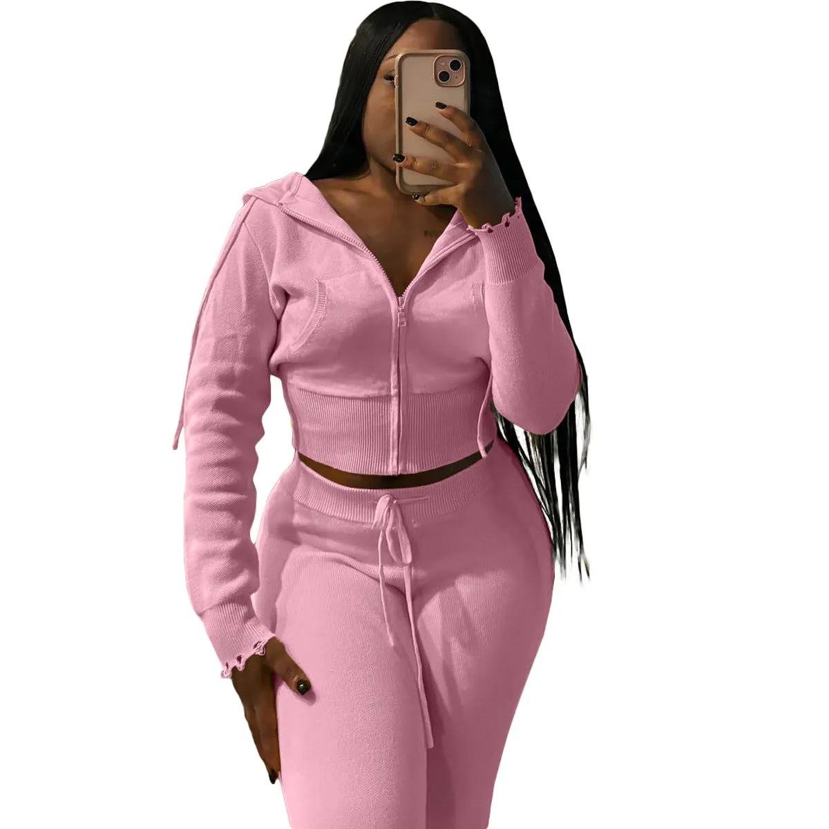 Cozy Knit Zipper Hoodie and Drawstring Pants Two-Piece Set