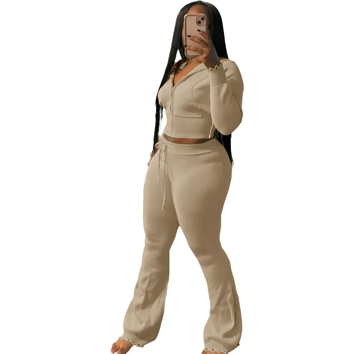 Cozy Knit Zipper Hoodie and Drawstring Pants Two-Piece Set