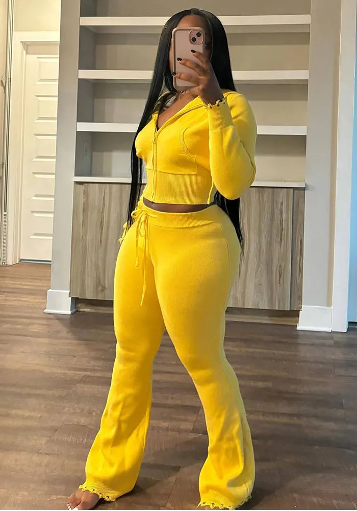 Cozy Knit Zipper Hoodie and Drawstring Pants Two-Piece Set
