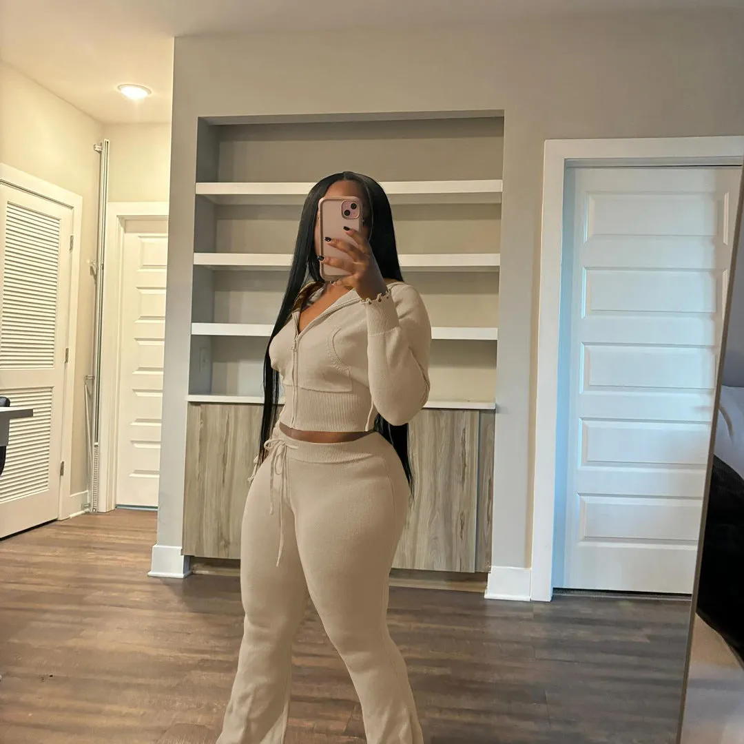 Cozy Knit Zipper Hoodie and Drawstring Pants Two-Piece Set