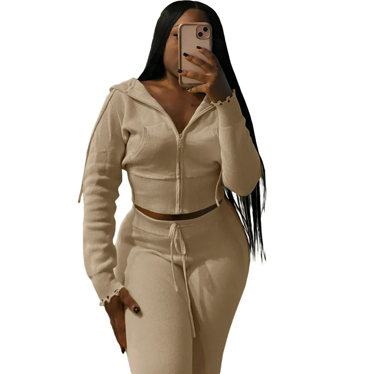 Cozy Knit Zipper Hoodie and Drawstring Pants Two-Piece Set