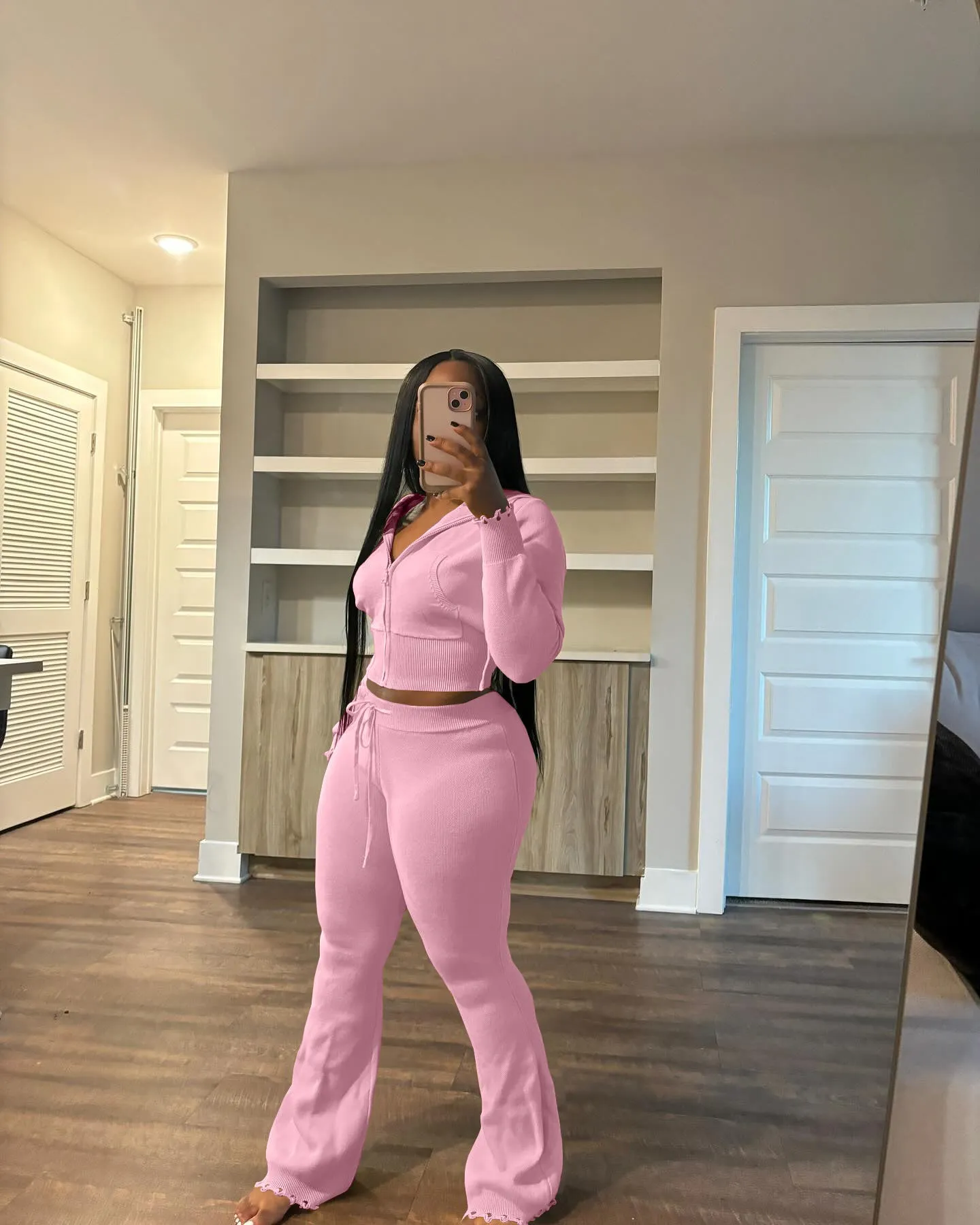 Cozy Knit Zipper Hoodie and Drawstring Pants Two-Piece Set