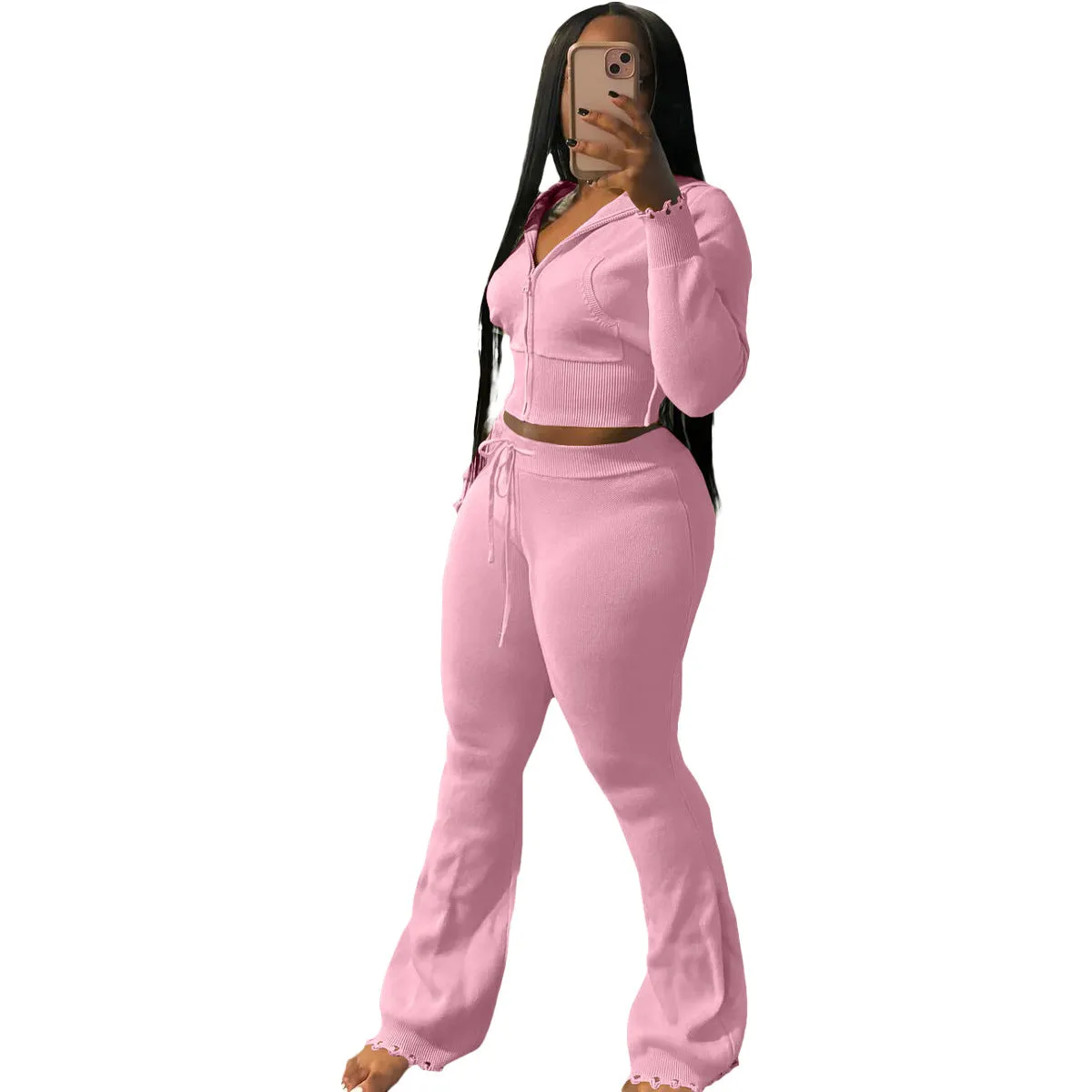 Cozy Knit Zipper Hoodie and Drawstring Pants Two-Piece Set