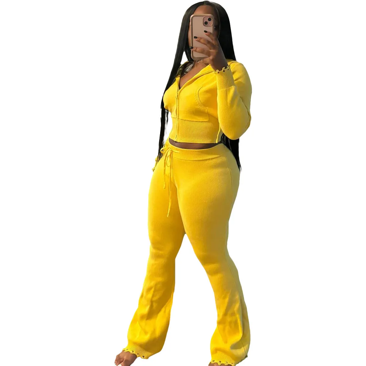 Cozy Knit Zipper Hoodie and Drawstring Pants Two-Piece Set