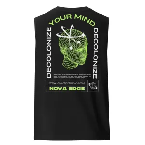 Decolonize Your Mind Graphic Tee Sleeveless Tank Top on back of Black Relaxed Fit Sleeveless Tank Top