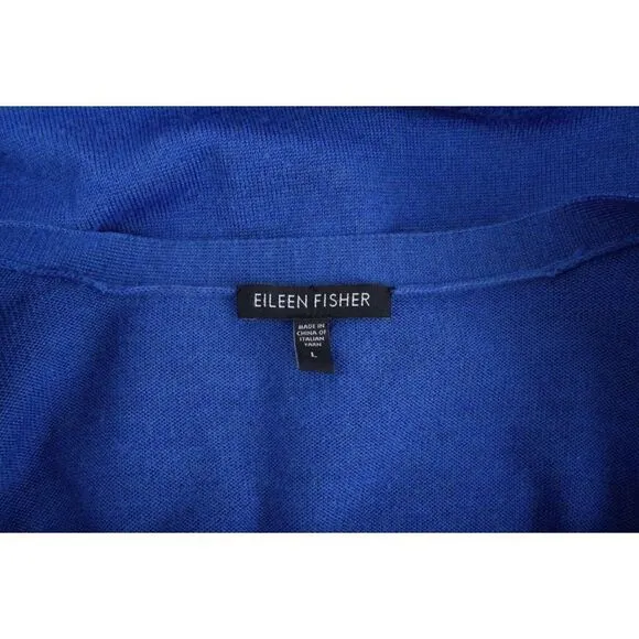 Eileen Fisher Womens Cardigan Sweater Long Merino Wool Blue L Large Button Front