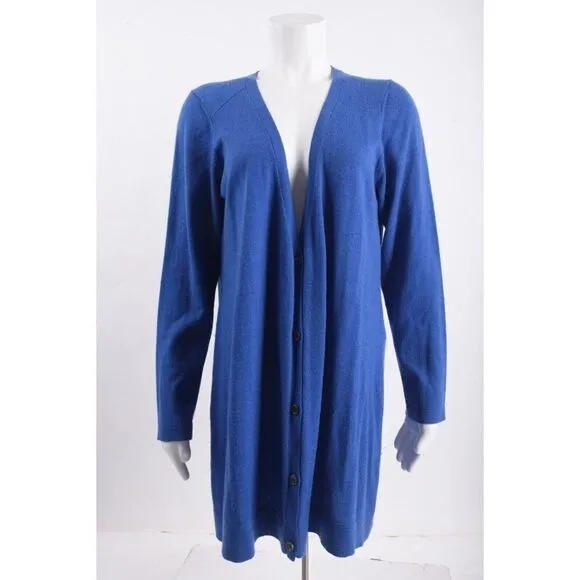 Eileen Fisher Womens Cardigan Sweater Long Merino Wool Blue L Large Button Front