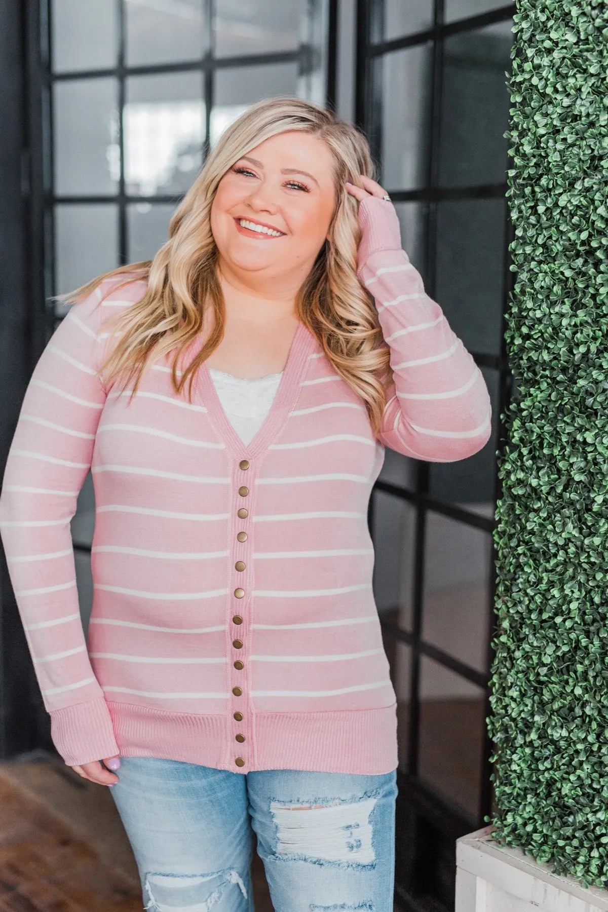 Everyday Striped Button Cardigan- Light Pink & Ivory