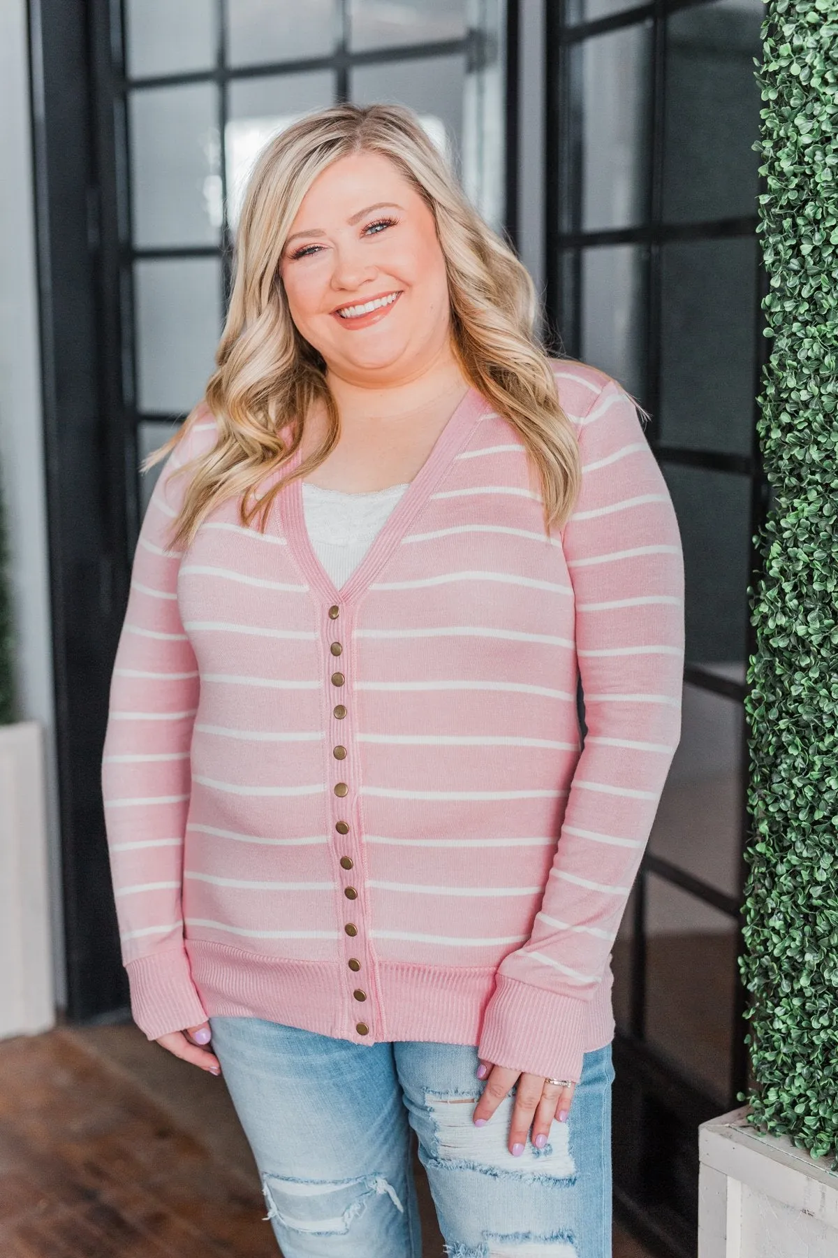 Everyday Striped Button Cardigan- Light Pink & Ivory