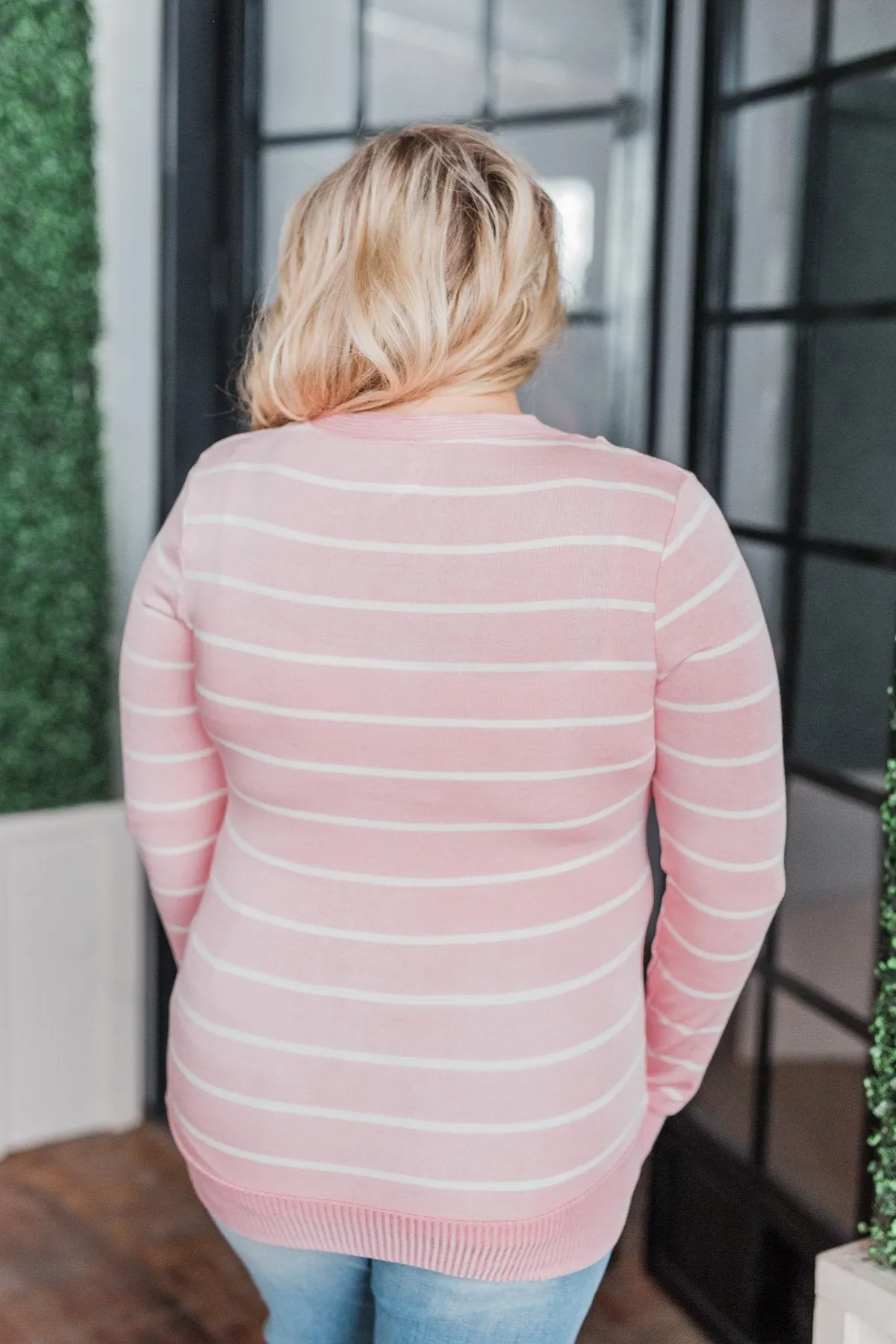 Everyday Striped Button Cardigan- Light Pink & Ivory